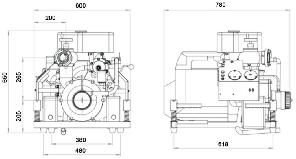 Máy bơm chữa cháy diesel có cấu tạo gồm động cơ diesel, hệ thống bơm nước, và các bộ phận điều khiển